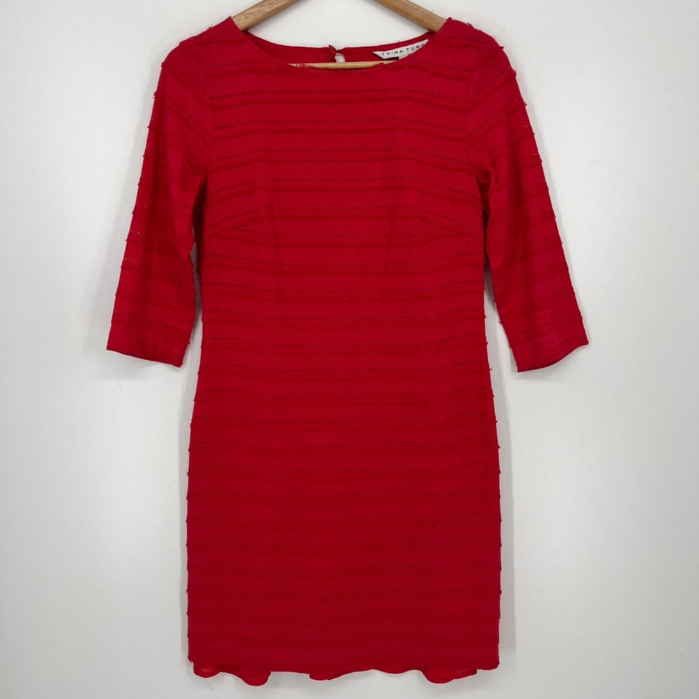 Trina Turk Womens Red Fringe Eyelet Sheath Dress 3/4 Sleeve Size 2